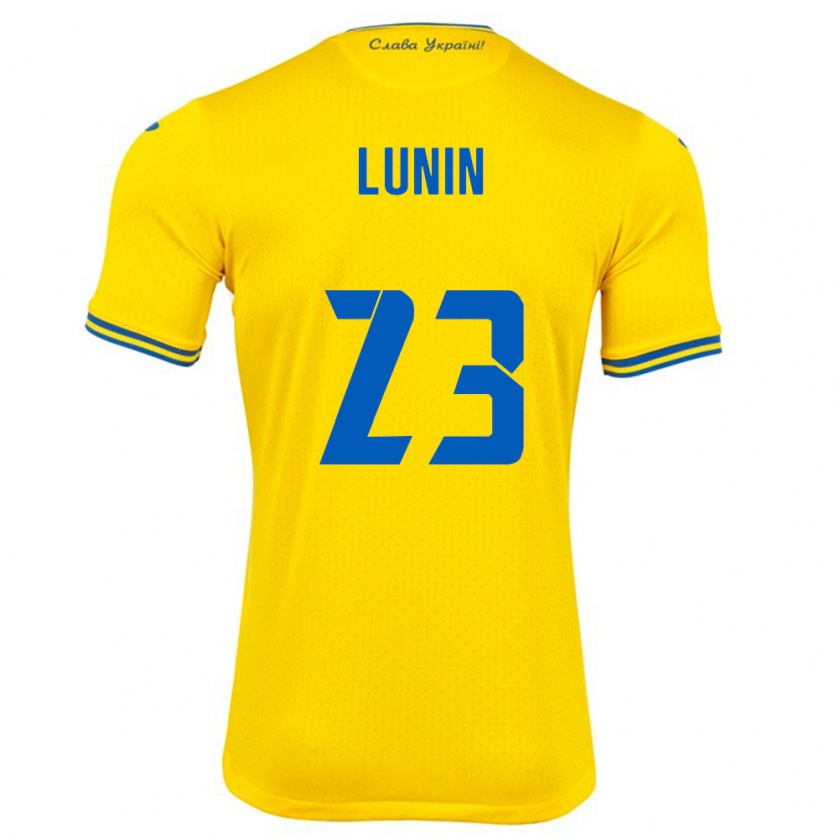 Kandiny Miesten Ukraina Andriy Lunin #23 Keltainen Kotipaita 24-26 Lyhythihainen Paita T-Paita