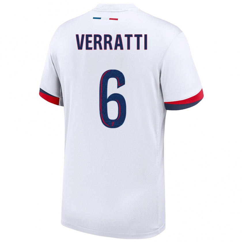 Kandiny Naisten Marco Verratti #6 Valkoinen Sininen Punainen Vieraspaita 2024/25 Lyhythihainen Paita T-Paita