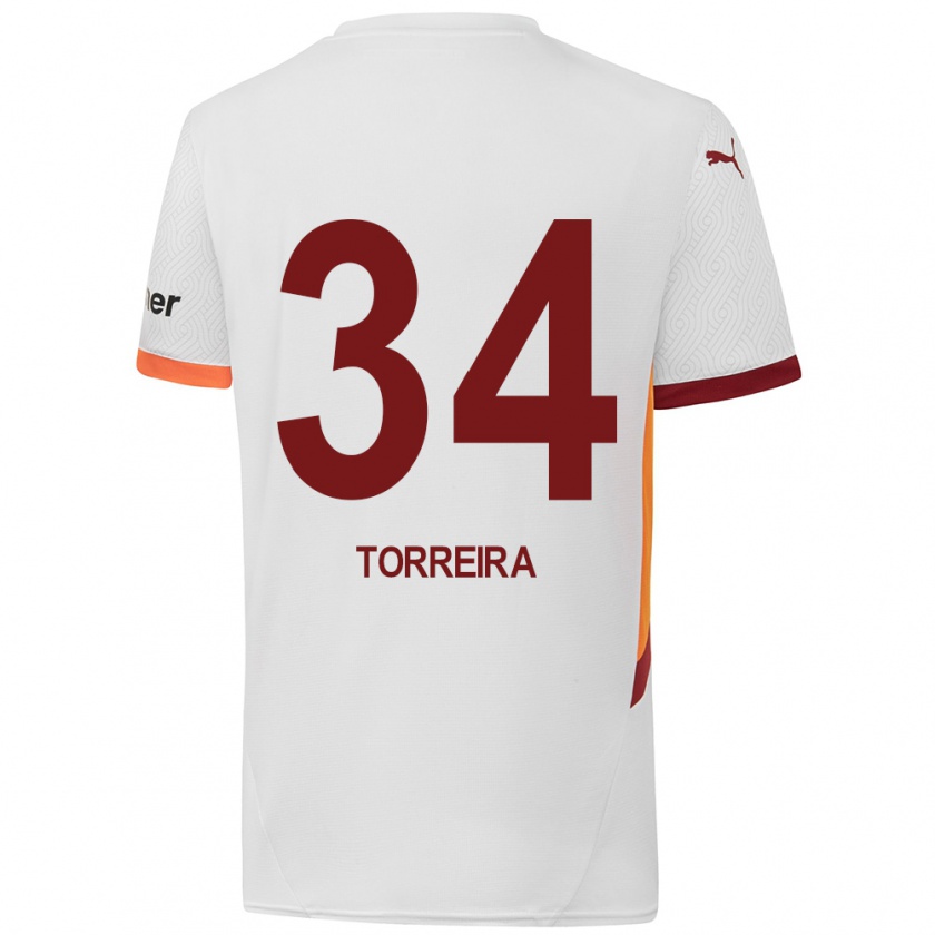 Kandiny Miesten Lucas Torreira #34 Valkoinen Keltainen Punainen Vieraspaita 2024/25 Lyhythihainen Paita T-Paita